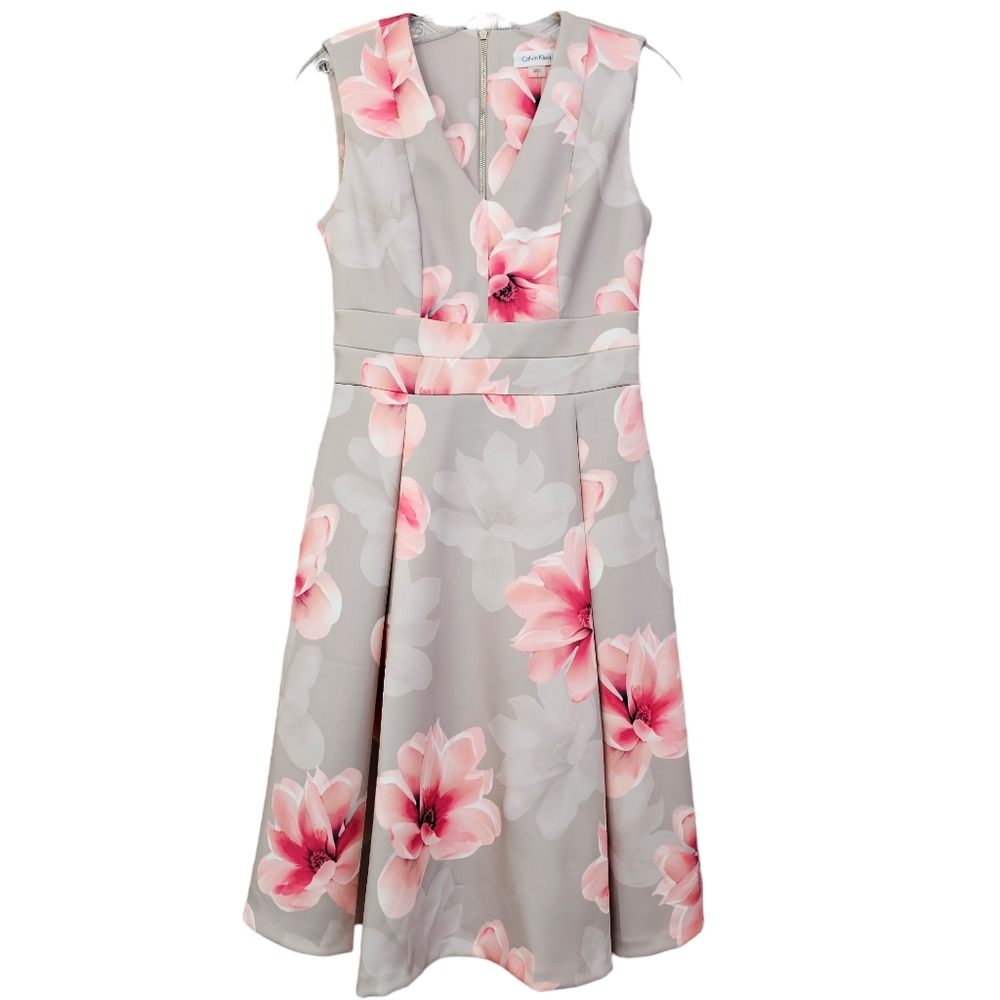 Nwot Calvin Klein Taupe Gray/Pink Abstract Floral Sleeveless V Neck Scuba Dress